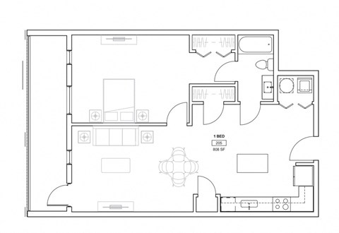 Floor plan for 1 bed, 1 bath, 823 sqft